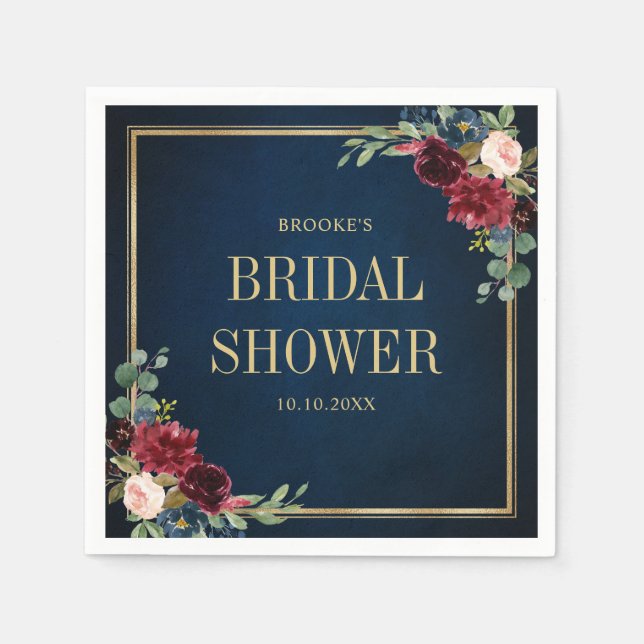 Burgundy Navy Blush Floral Geometric Bridal Shower Napkin (Front)