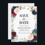 Burgundy Navy Blush Floral Geometric save the date<br><div class="desc">Elegant and modern romantic geometric watercolor floral save the date invitation card features a beautiful burgundy / marsala , blush pink, peach , navy blue watercolor roses with matching foliage on navy blue rustic wood background and gold frame. Perfect for a fall / midsummer wedding. Please find more matching designs...</div>