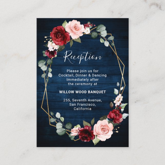 Burgundy Navy Blush Floral Geometric Wedding Enclosure Card (Front)