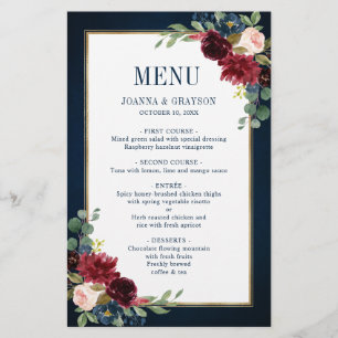 Burgundy Navy Blush Floral Geometric Wedding Menu