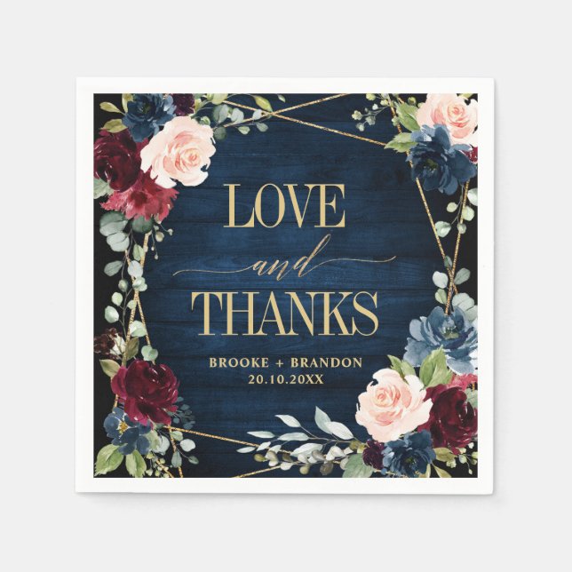 Burgundy Navy Blush Floral Geometric Wedding Napkin (Front)