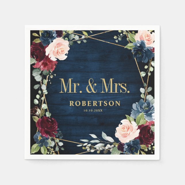 Burgundy Navy Blush Floral Geometric Wedding Napkin (Front)