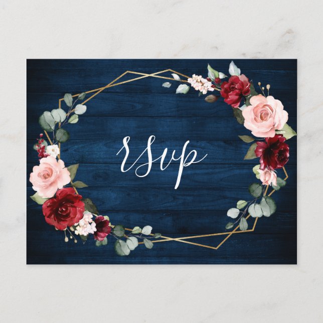Burgundy Navy Blush Floral Geometric Wedding Postcard (Front)