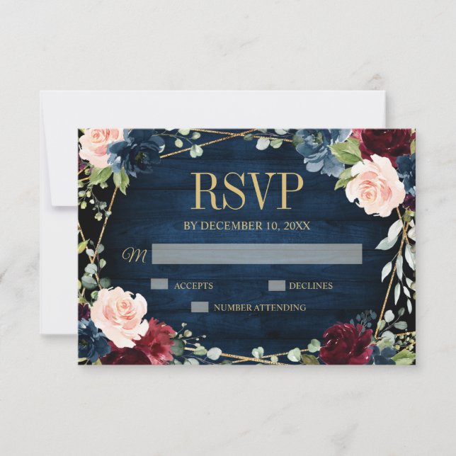 Burgundy Navy Blush Floral Geometric Wedding RSVP Card (Front)