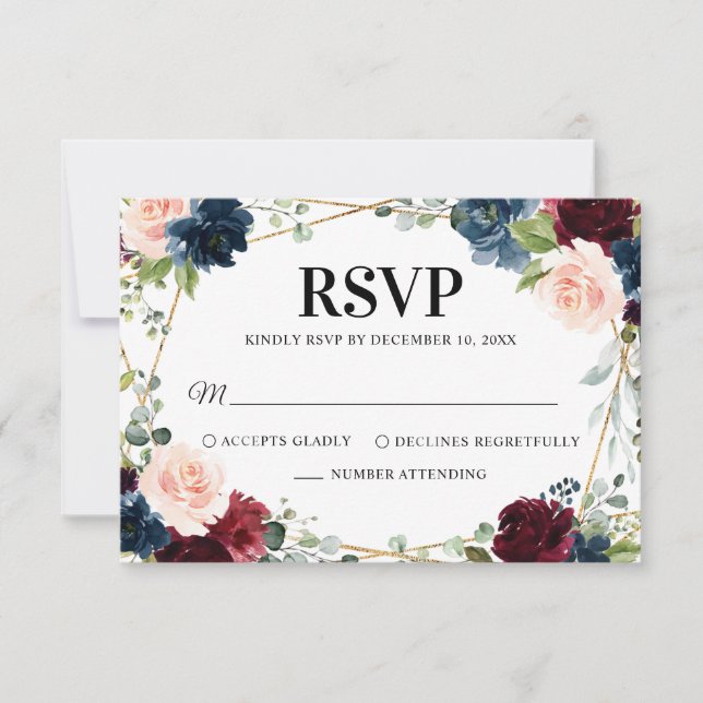 Burgundy Navy Blush Floral Geometric Wedding RSVP Card (Front)