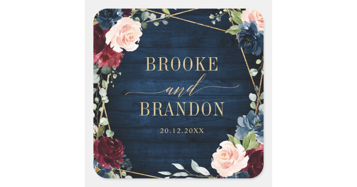 Burgundy Navy Blush Floral Geometric Wedding Square Sticker | Zazzle
