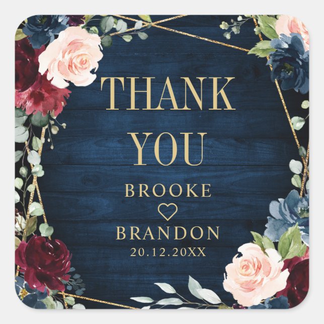 Burgundy Navy Blush Floral Geometric Wedding Square Sticker (Front)
