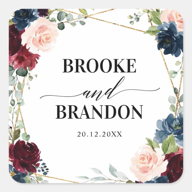 Burgundy Navy Blush Floral Geometric Wedding Square Sticker (Front)