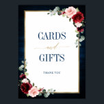 Burgundy Navy Blush Floral Gold Cards and Gifts Po Poster<br><div class="desc">Elegant and modern romantic geometric watercolor floral cards and gifts poster features a beautiful burgundy / marsala , blush pink, peach , navy blue watercolor roses with matching foliage on navy blue rustic wood background and gold frame. Perfect for a fall / midsummer wedding. Please find more matching designs and...</div>