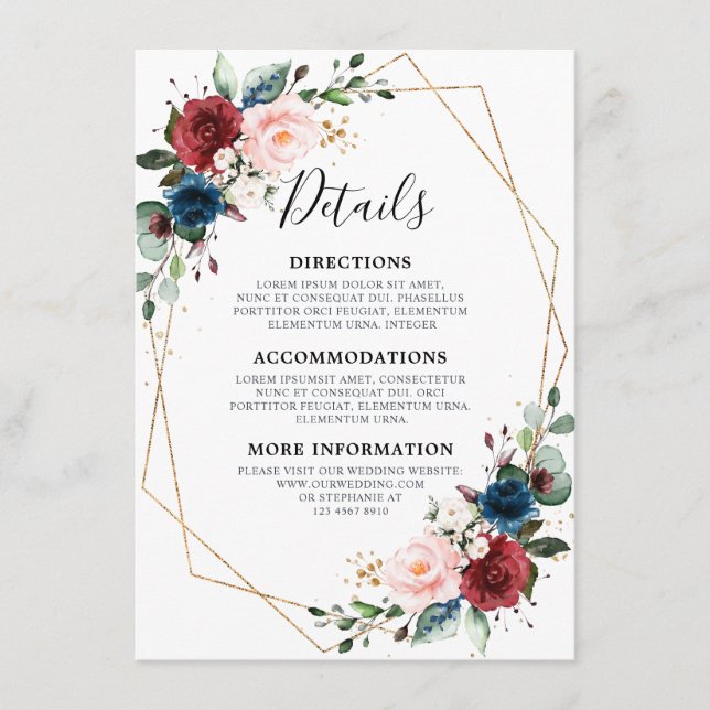 Burgundy Navy Blush Floral Gold Geometric Wedding Enclosure Card (Front)