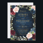 Burgundy Navy Blush Floral Gold Geometric Wedding Invitation<br><div class="desc">Elegant and modern romantic geometric watercolor floral wedding invitation card features a beautiful burgundy / marsala , blush pink, peach , navy blue watercolor roses with matching foliage on navy blue rustic wood background and gold frame. Perfect for a fall / midsummer wedding. Please find more matching designs and variations...</div>