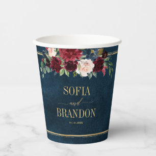 Burgundy Navy Blush Floral Gold Geometric Wedding Paper Cups