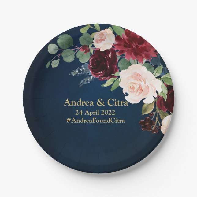Burgundy Navy Blush Floral Gold Geometric Wedding Paper Plate (Front)