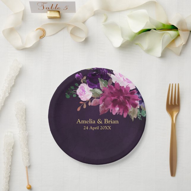 Burgundy Navy Blush Floral Gold Geometric Wedding Paper Plate (Wedding)