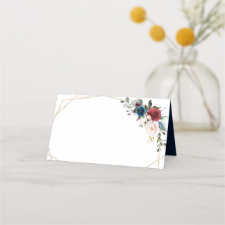 Burgundy Navy Blush Floral Gold Geometric Wedding Place Card
