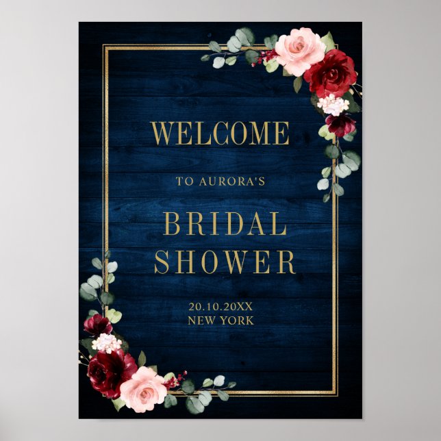 Burgundy Navy Blush Floral Gold Geometric Welcome  Poster (Front)