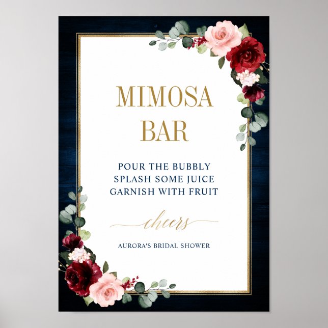 Burgundy Navy Blush Floral Gold Mimosa Bar Poster (Devant)