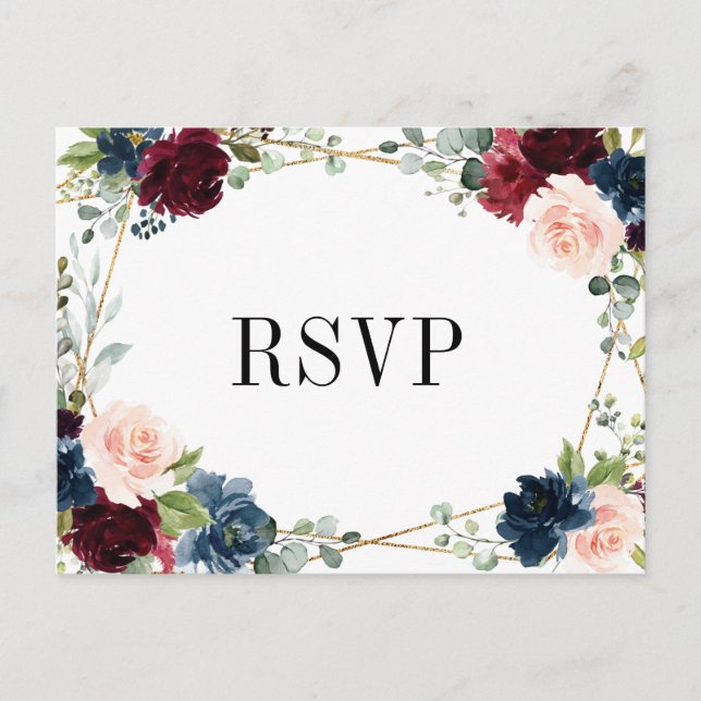Burgundy Navy Blush Floral Gold RSVP Postcard (Front)