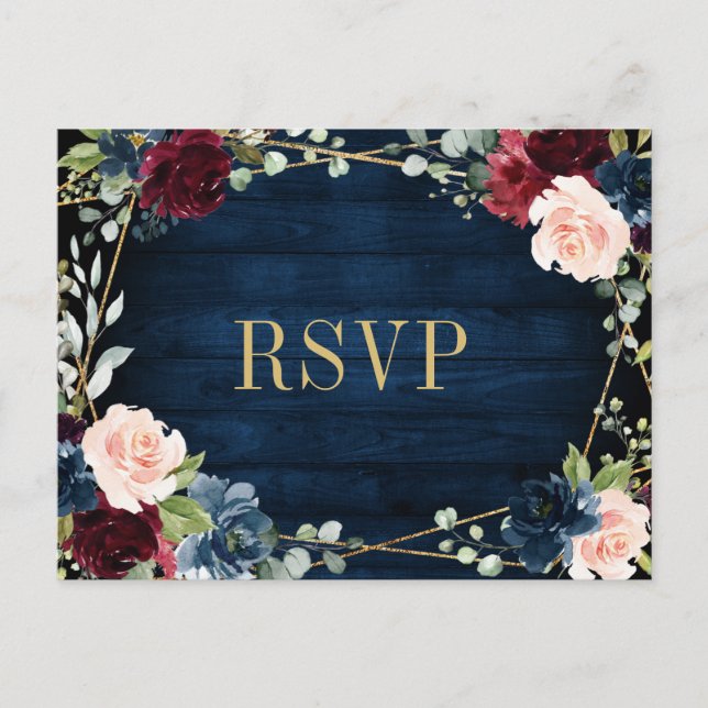 Burgundy Navy Blush Floral Gold RSVP Postcard (Front)