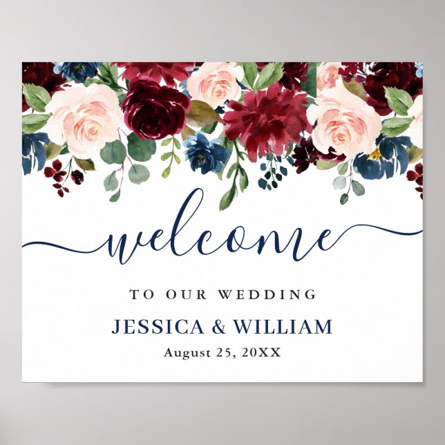 Burgundy Navy Blush Floral Mariage Affiche de bien (Devant)