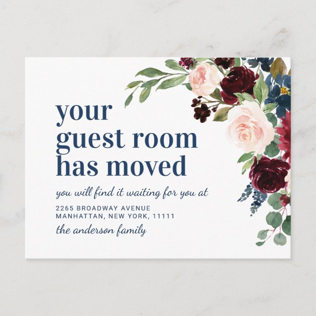 Burgundy Navy Blush Floral Moving Announcement Postcard (Front)