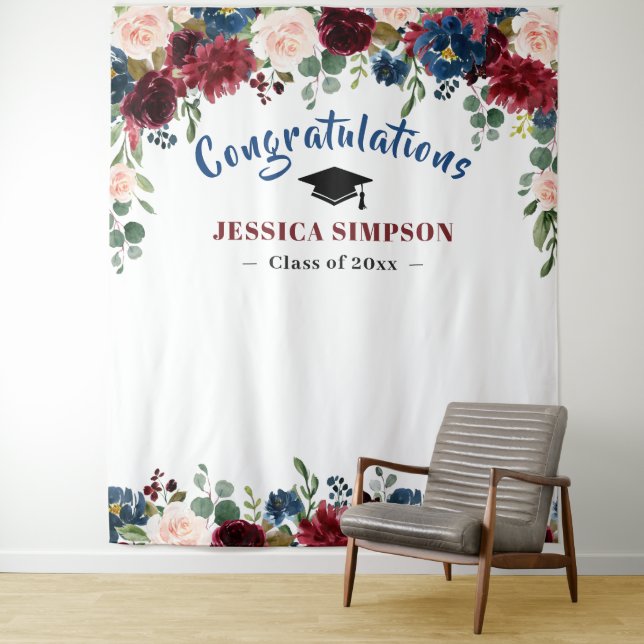 Burgundy Navy Blush Floral Photo Grad Backdrop Tapestry (In Situ)