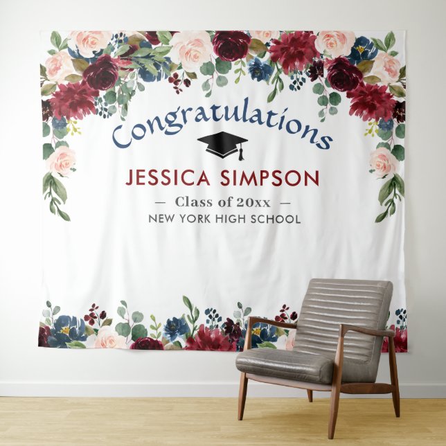 Burgundy Navy Blush Floral Photo Graduate Backdrop Tapestry (In Situ (Horizontal))