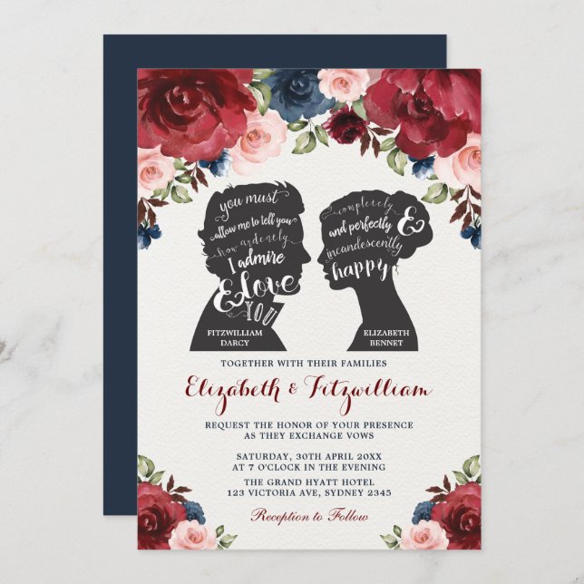 Burgundy Navy Blush Floral Pride Prejudice Wedding Invitation (Front/Back)