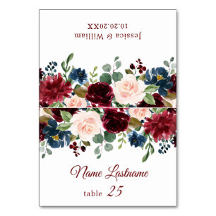 Burgundy Navy Blush Floral Wedding Escort Card