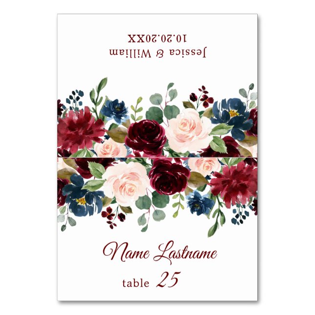 Burgundy Navy Blush Floral Wedding Escort Card (Front)