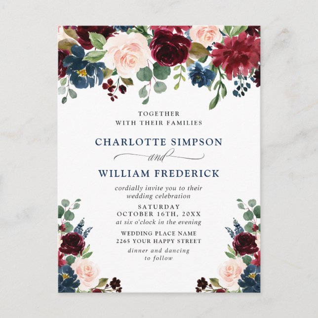 Burgundy Navy Blush Floral Wedding Invitations (Front)