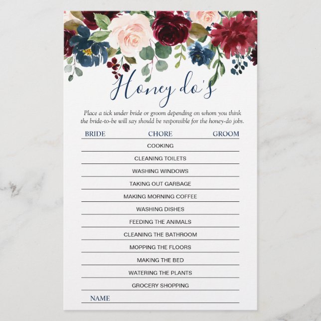 Burgundy Navy Blush Flowers Bridal Shower Games (Front)