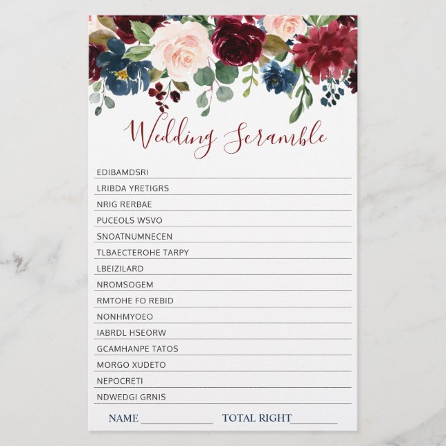 Burgundy Navy Blush Flowers Bridal Shower Games (Front)