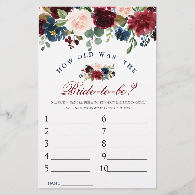 Burgundy Navy Blush Flowers Bridal Shower Games (Front)