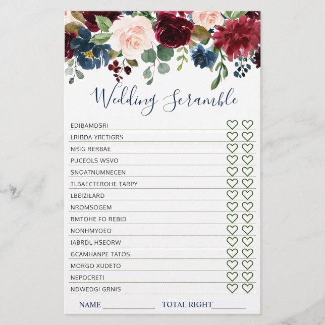 Burgundy Navy Blush Flowers Bridal Shower Games (Front)