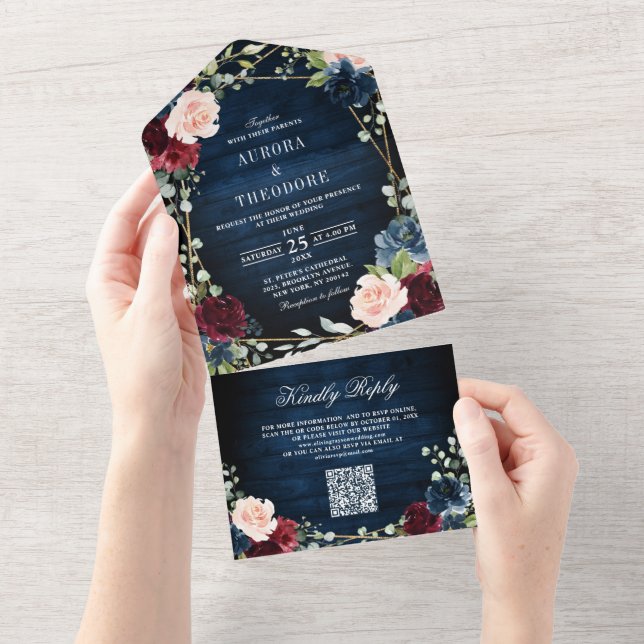 Burgundy Navy Blush Geometric QR Code Wedding All In One Invitation (Tearaway)