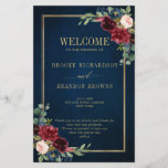 Burgundy Navy Blush Geometric Wedding Program<br><div class="desc">Elegant and modern romantic geometric watercolor floral wedding program card features a beautiful burgundy / marsala , blush pink, peach , navy blue watercolor roses with matching foliage on navy blue rustic wood background and gold frame. Perfect for a fall / midsummer wedding. Please find more matching designs and variations...</div>