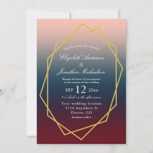 Burgundy Navy Blush Ombre Geometric Wedding Invitation