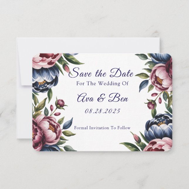 Burgundy Navy Blush Peony Wedding Save The Date (Front)