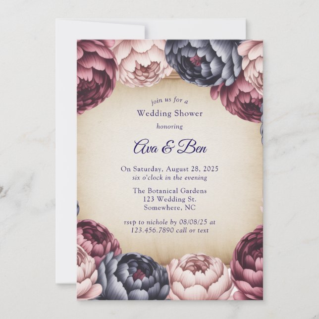 Burgundy Navy Blush Peony Wedding Shower Invitation (Front)