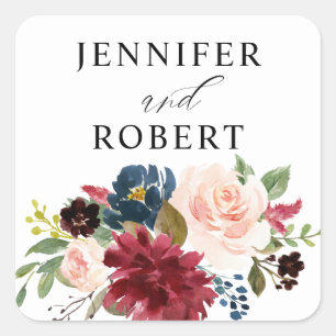 Burgundy & Navy, Blush Pink Floral 2 Square Sticke Sticker