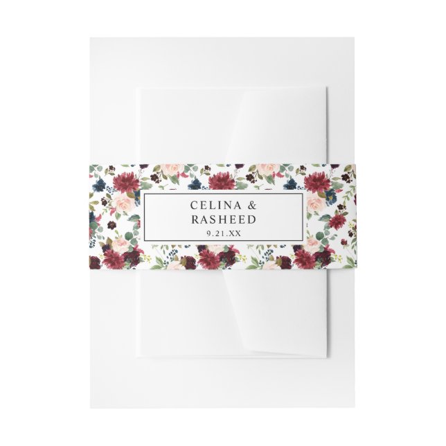 Burgundy & Navy, Blush Pink Floral 3 Invitation Belly Band (Front Example)