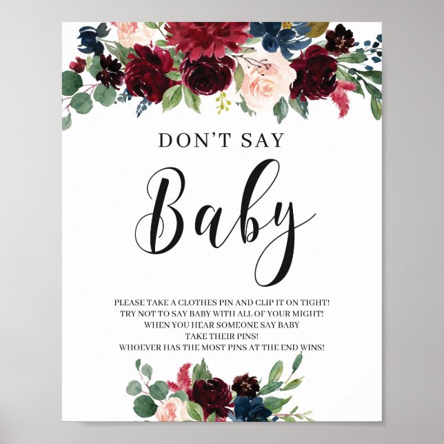 Burgundy navy blush pink floral donta say baby poster (Front)