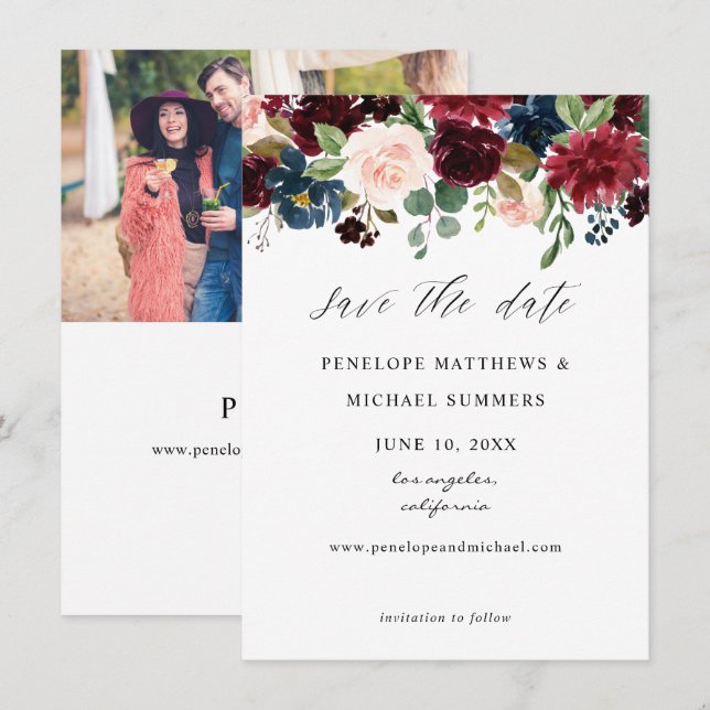 Burgundy, Navy & Blush Pink Floral Photo Save The Date (Front/Back)