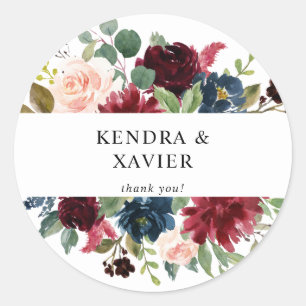 Burgundy & Navy, Blush Pink Floral Thank You Classic Round Sticker
