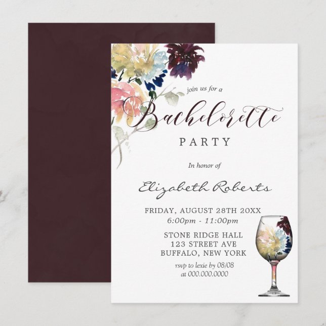 Burgundy Navy Blush Pink Peony Bachelorette Party  Invitation (Front/Back)