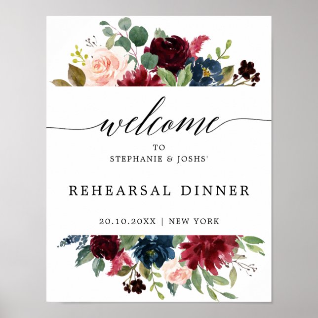 Burgundy Navy Blush Rehearsal Dinner Welcome Poster (Front)