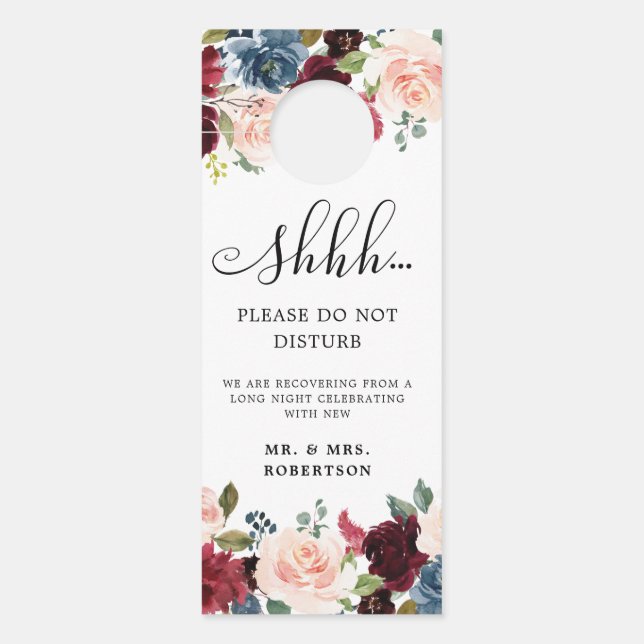 Burgundy Navy Blush Roses Wedding Do Not Disturb Door Hanger (Front)