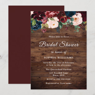 Burgundy, Navy Blush Rustic Wood Bridal Shower Invitation
