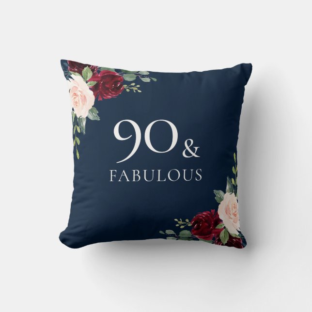 Burgundy & Navy, Blush Watercolor 90th Birthday Throw Pillow (Front)